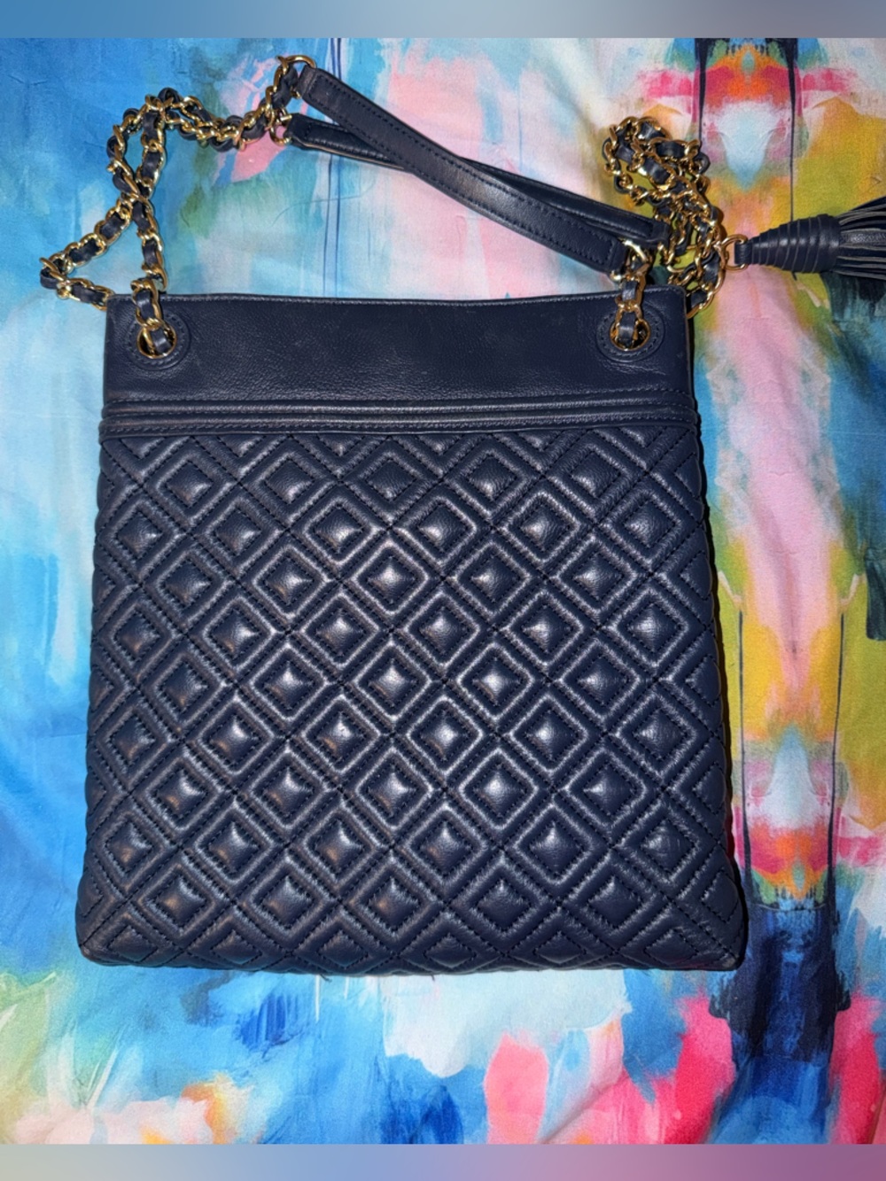 Tory Burch Fleming Swingpack Quilted Leather Chain Shoulder Bag Crossbody Navy - Picture 7 of 10